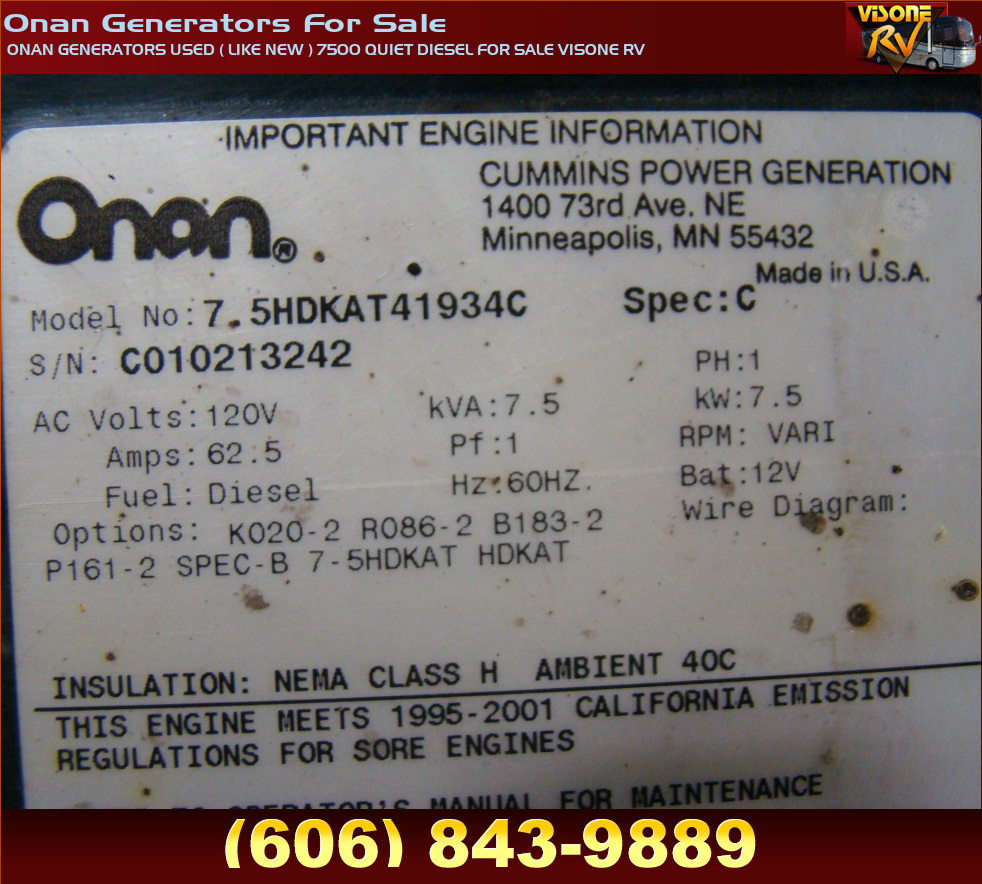 Generators ONAN GENERATORS USED ( LIKE NEW ) 7500 QUIET DIESEL FOR SALE