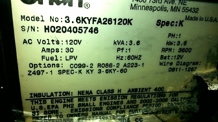 Onan 3600 LP Generator model 3.6kyfa26120k